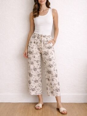 Sincerely Jules Toile Print Linen Blend Pants Wide Leg French Cafe M